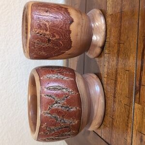 Two Piece Lot - Vintage Hand Turned Raw Edge Ashwood Bowl & Vase - Hand Signed